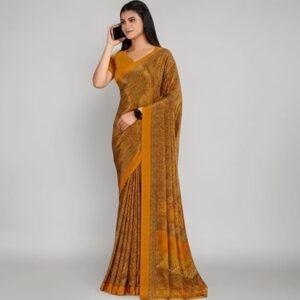 Ask Rufus What occasions is this saree good for? Does it come with a blouse? What is the saree made from? Ask something else Brand: Kiyaan designer Women's Satin Silk Saree with Blouse Piece, Mustard Yellow, Circular Motifs Printed Border, Contemporary Style