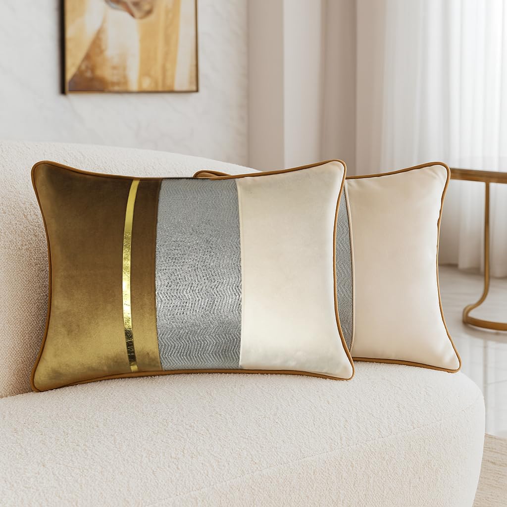 Striped Decorative Velvet Cushion Cover Set of 2 (12 x 18 Inches) w/Faux Leather and Jacquard Combination | Stylish & Trendy Design (Dark Gold)